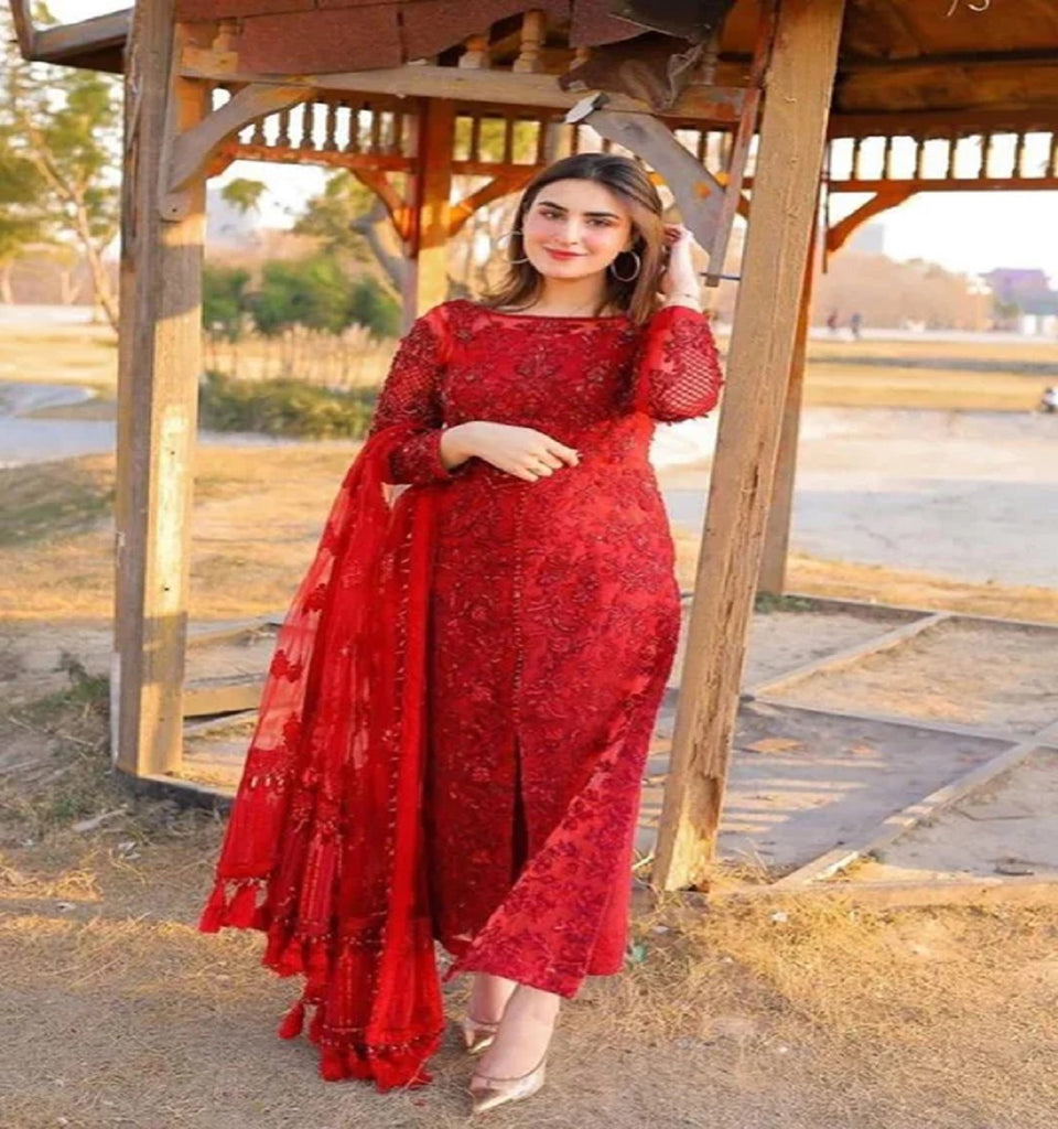 Red Organza Lawn inner Embroidered 3 pc